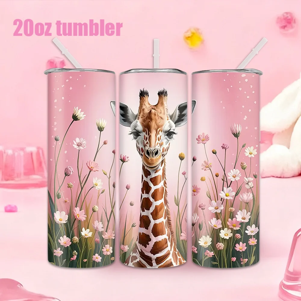 1 Stück Edelstahl-Wasserflasche/-Becher mit Giraffen-in-Blumen-Muster und Strohhalm – 20oz (591ml) Image