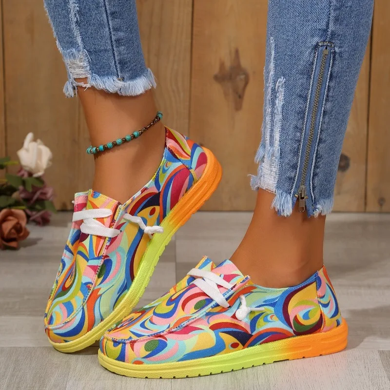 2026 Neue Damenschuhe Regenbogen-Leinenschuhe für Frauen Flache Sneaker Runde Zehenkappe Mehrfarbige Schnür-Freizeitschuhe Zapatillas De Mujer