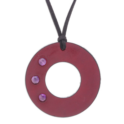 Red Lucky Ring,'Thai Amethyst and Red Leather Pendant Necklace'