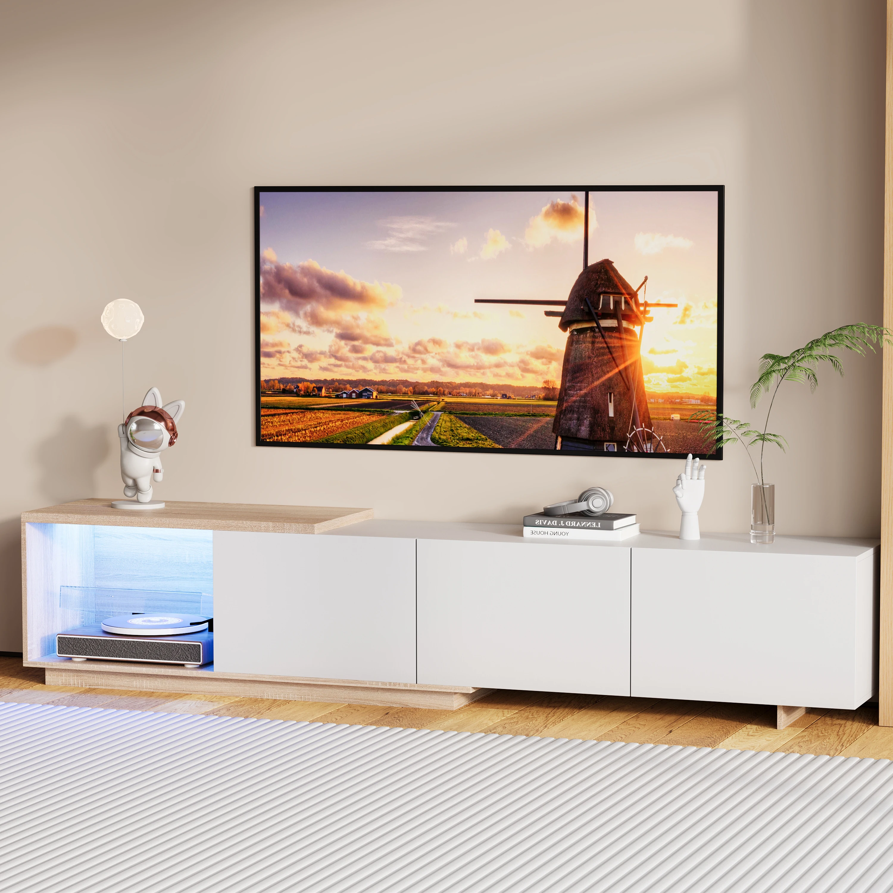Meuble TV extensible Rosahqnda de 163 cm à 240 cm de long, meuble TV bas avec 3 tiroirs, meuble TV pour téléviseurs jusqu'à 65 pouces, bande lumineuse à induction