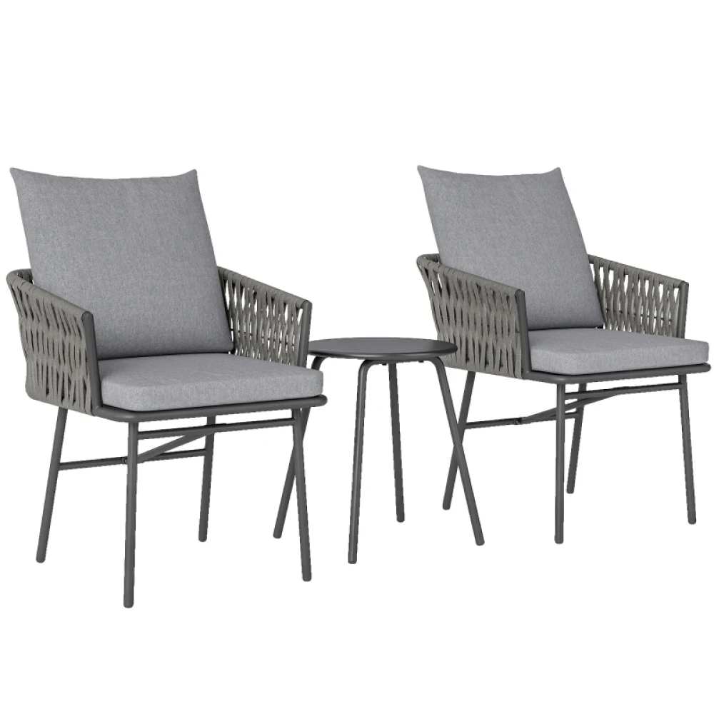 Ensemble bistro 3 pièces en rotin, acier, ensemble de meubles de jardin avec 2 chaises de jardin, table basse, coussins amovibles, pour jardin, terrasse