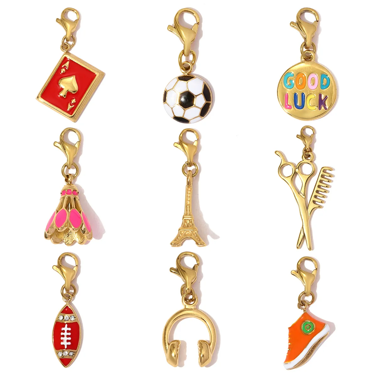 Set da 3 Pezzi in Acciaio Inossidabile, Ciondoli a Clip Fai da Te a tema Calcio, Rugby, Badminton, Poker, Ciondoli a Moschettone per Collane e Auricolari da Donna, Non Sbiadiscono