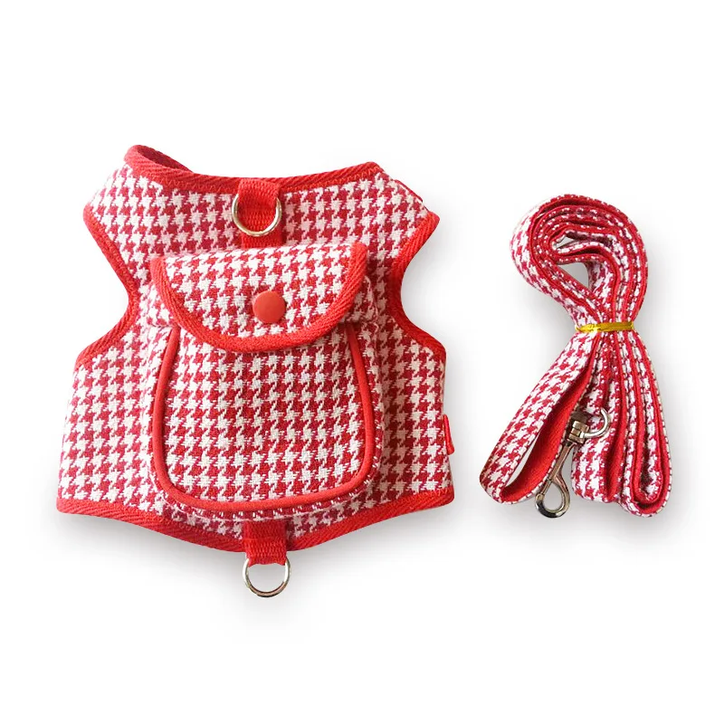 Set di imbracatura e guinzaglio per cani Step in tuta da trazione pied de poule nera e rossa, gilet per imbracatura per cuccioli, borse per snack per cani di piccola taglia e gatti
