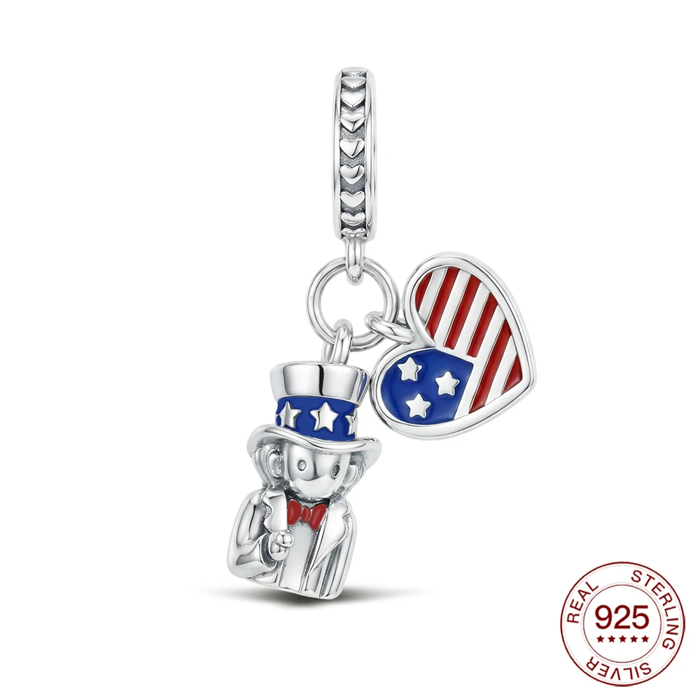 925 Sterling Silber Charm-Anhänger „Uncle Sam USA Flag“, passend für Armbänder, DIY für Damen, eleganter Modeschmuck, Geschenke zum Jahrestag, Reisegeschenke