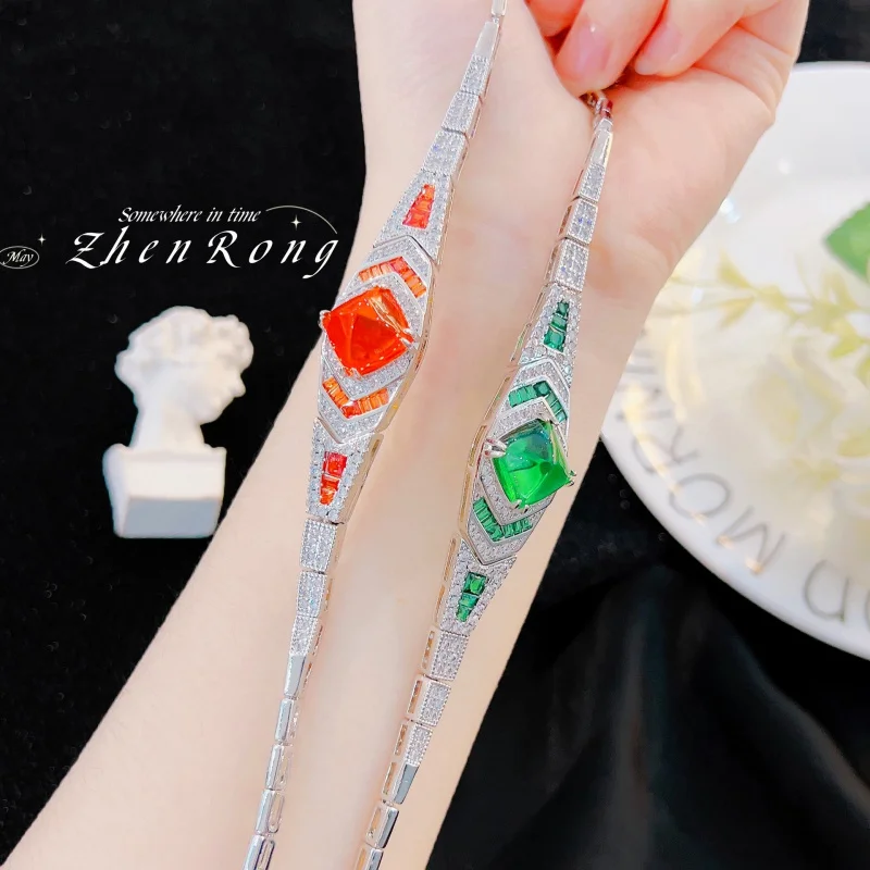 Foydjew Luxuriöses, elegantes, mehrfarbiges, orange/grün/blau gefärbtes Zucker-Turm-Kristallarmband, silberfarben, 18 + 4 cm, Kettenarmband für Damen