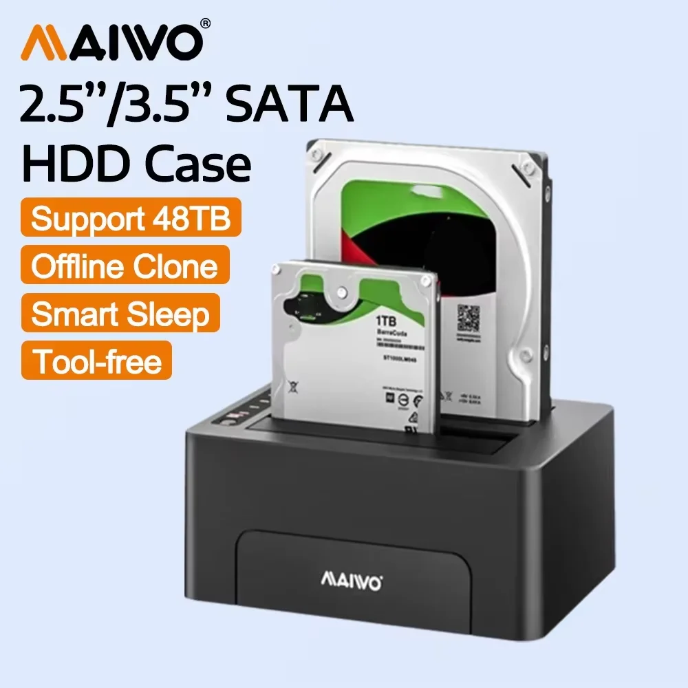 MAIWO Dual-Bay Festplatten-Dockingstation 2,5/3,5 Zoll HDD-Gehäuse SATA zu USB 3.0 Festplattengehäuse mit Offline-Klonfunktion für 2,5" 3,5" Image