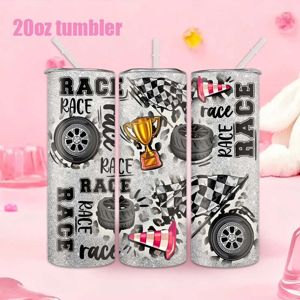 1 Stück 20oz Trinkflasche mit Strohhalm, isolierter Edelstahl-Wasserbecher mit Rennmotiven, Reifen-, Trophäen- und Flaggenmuster. Image