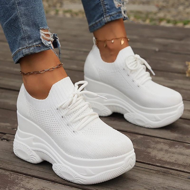 Weiß Gestrickte Keil Heels Turnschuhe Frauen Frühling Herbst Atmungsaktive Chunky Plattform Turnschuhe Frau Slip Auf Mesh Laufschuhe