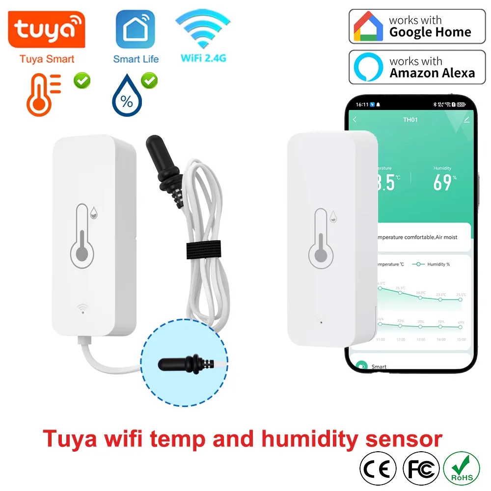 Tuya WiFi Temperatur- und Feuchtigkeitssensor mit externer Sonde, APP-Fernbedienung, funktioniert mit SmartLife Yandex Alexa Image