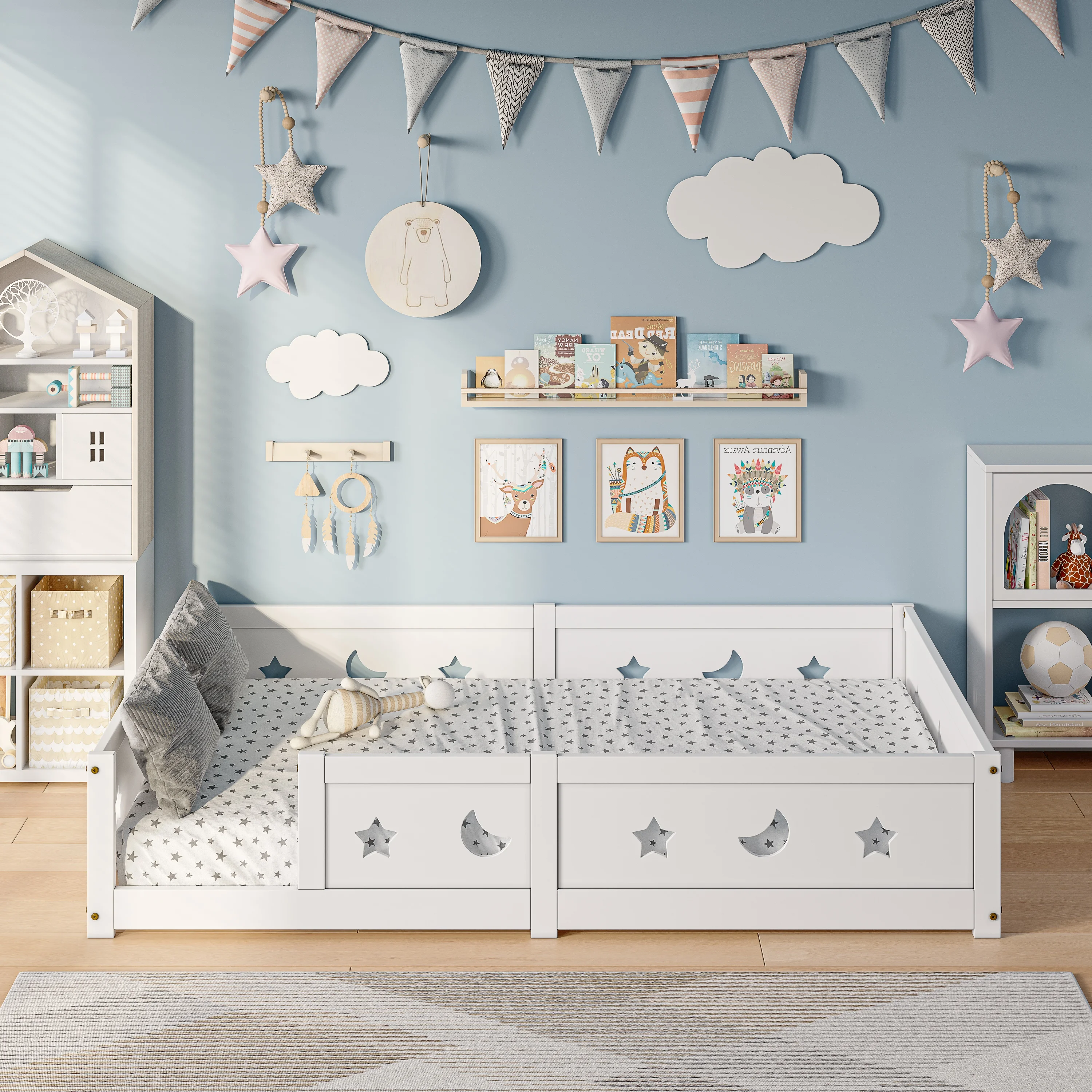 Kinderbett, Montessori-Bett 140x200 cm, Kinderbodenbett mit Absturzsicherung, Massivholzbetten für Kinder und Babys