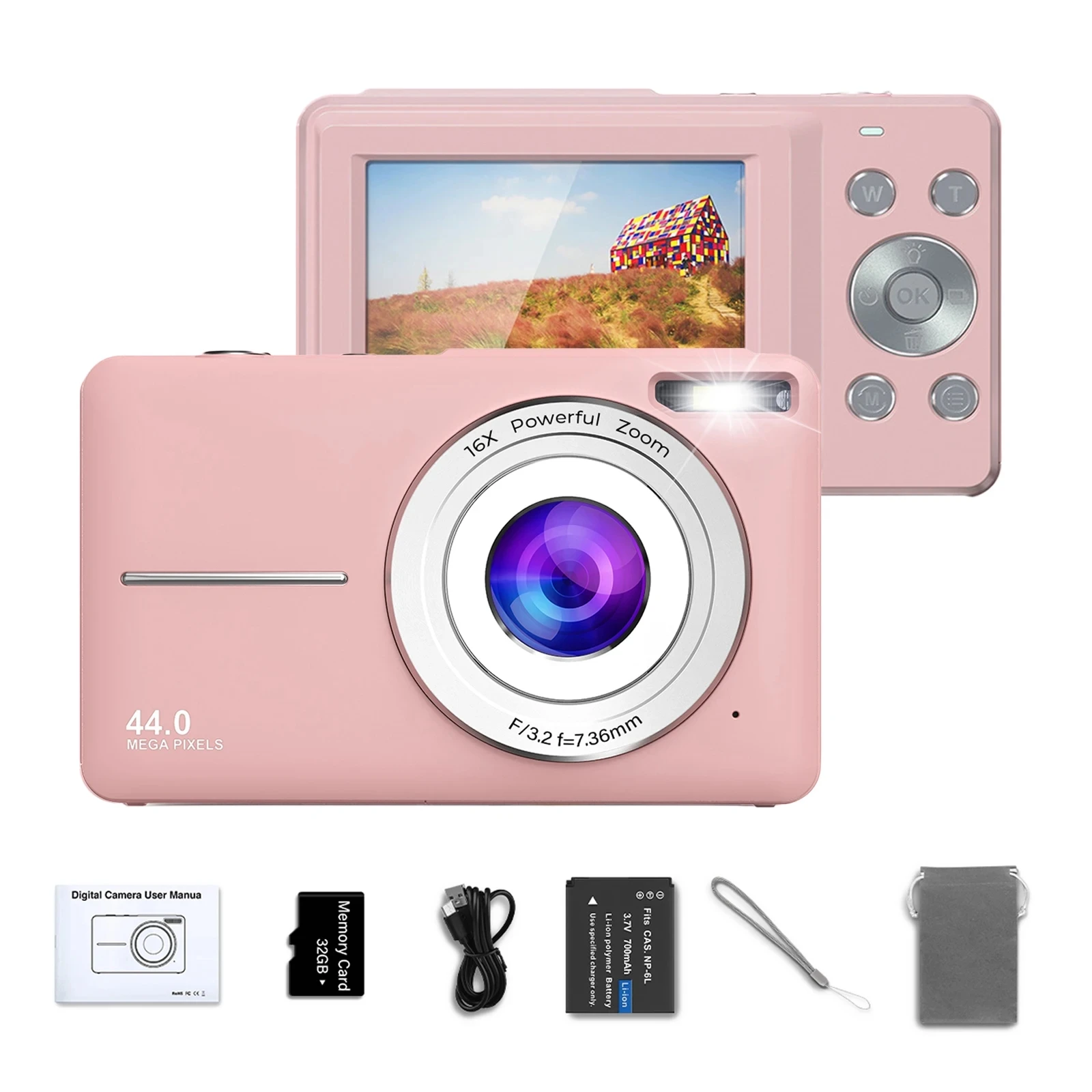 HD 1080P Digitalkamera 2,4 Zoll Aufladbar Kompakt mit 16-fach Zoom 44MP für Kinder Mädchen - Tragbare Digitalkamera Image