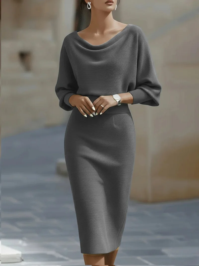 Elegantes, gestricktes, langärmliges, figurbetontes Midikleid mit U-Ausschnitt – Slim-Fit-Strickkleid für Damen – Freizeit- und Bürokleidung Image