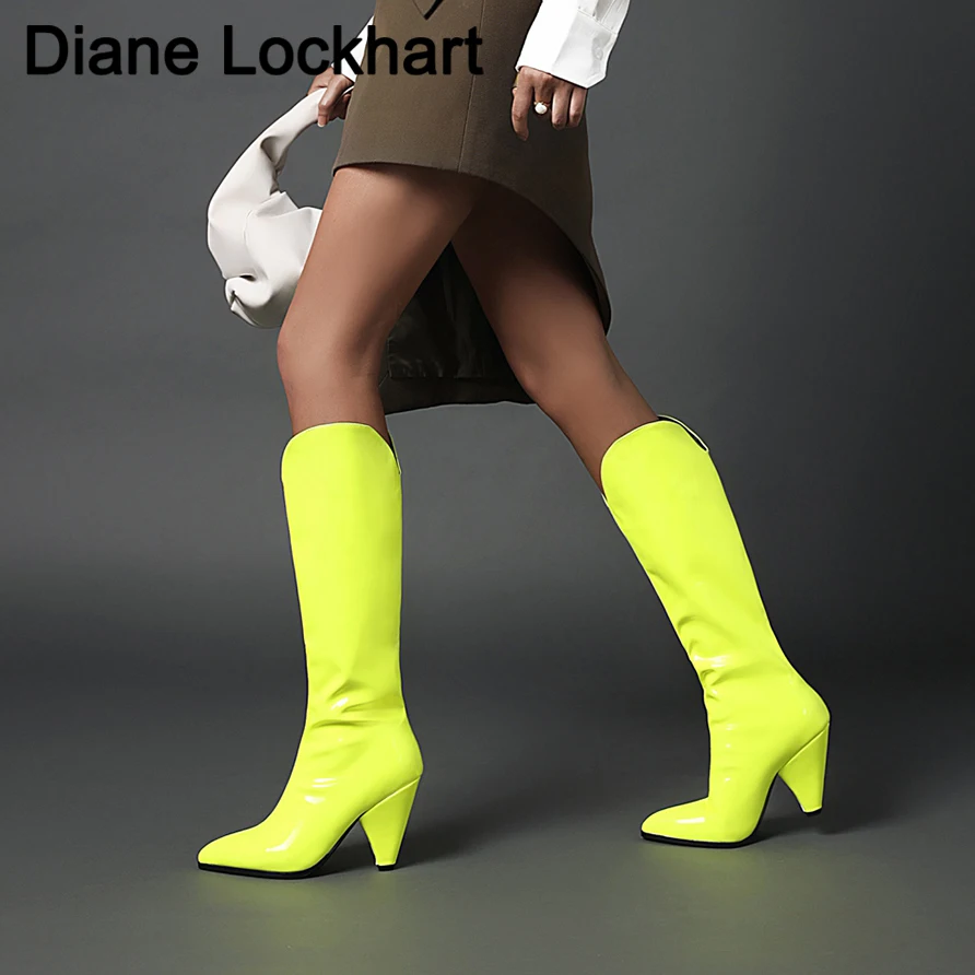 Herbst Winter Neue Kniehohe Stiefel Mode Slip Auf Frauen Glatte Booties Spitz Botas Kegel Heels Stiefel Frau Schuhe 31 32