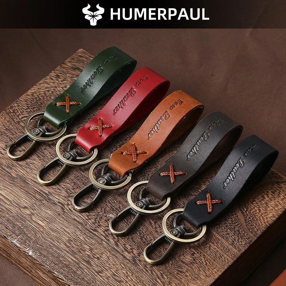 Klassischer Vintage-Schlüsselanhänger aus Rindsleder, modisch, für Männer und Frauen, universeller Auto-Schlüsselanhänger für BMW, Audi, Benz, VW, Tesla, Honda Image