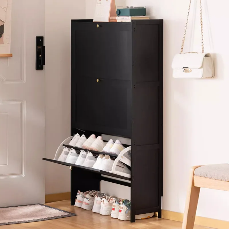 Ultradünner, mehrschichtiger Schuhschrank aus Bambus und Holz, staubdichter, schmaler Schuhschrank, wandmontierter Klappschuhschrank Image