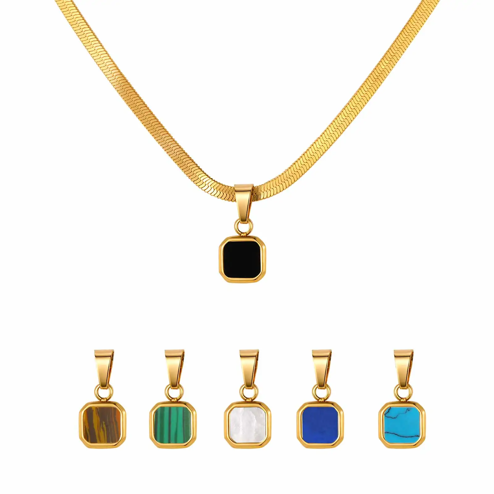 Edelstahl Geometrischer Quadratischer Anhänger Halskette für Männer und Frauen, Fischgräten-Schlangenkette Wasserfester Schmuck Image