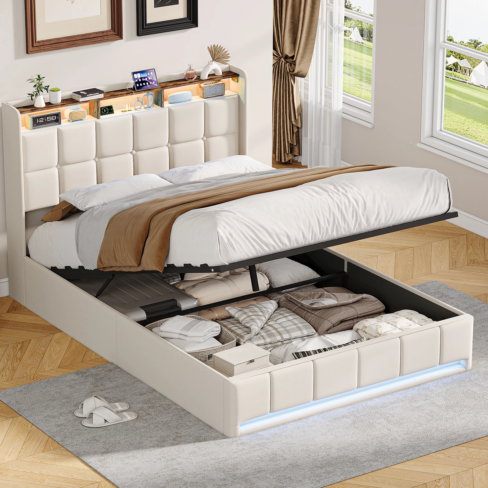 Anajqaqia Polsterbett 160 x 200 cm, hydraulisches Stauraumbett mit Steckdosen und LED-Beleuchtung, mit Stauraum im Kopfteil, Leinen Image