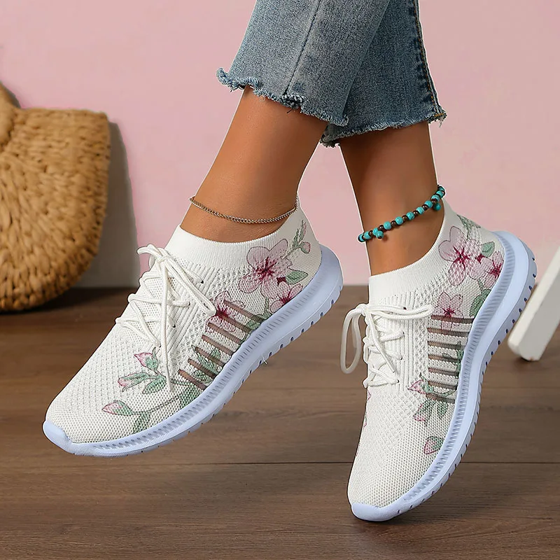 Mode Gedruckt Atmungsaktive Turnschuhe Frauen Dicken Boden Gestrickte Wanderschuhe Frau Aushöhlen Slip Auf Sport Schuhe Weibliche 35-43