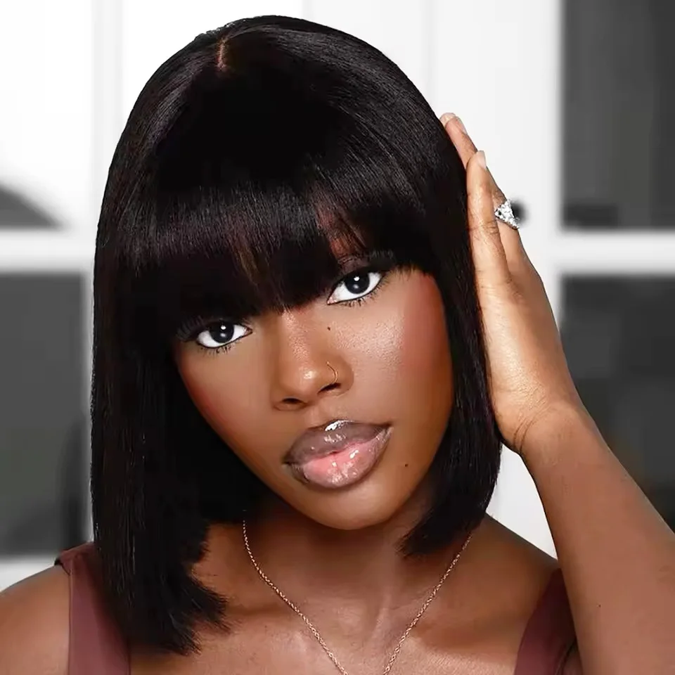 4X2 HD gerade Bob-Perücke, Echthaar mit Pony, transparente Spitzenverschluss-Perücke für Frauen, schwarz, bereit zum Mitnehmen, kurze Echthaar-Perücken Image