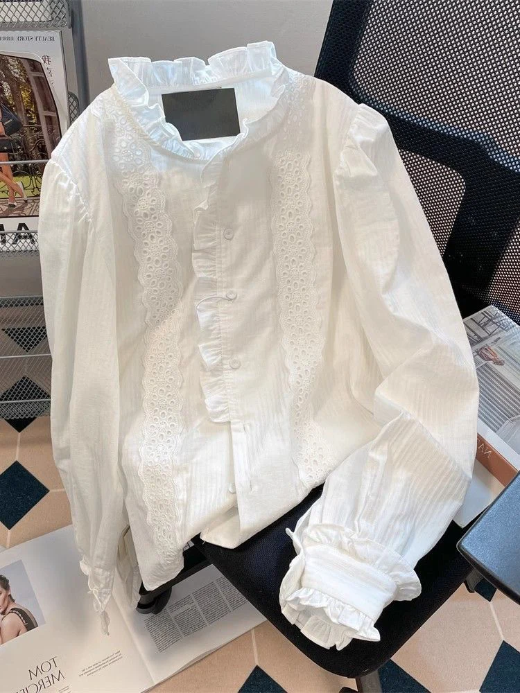 Jmprs Spitze Rüschen Süße Weiße Hemd Frauen Elegante Langarm Vintage Koreanische Bluse Herbst Casual Stehkragen Weibliche Retro Tops