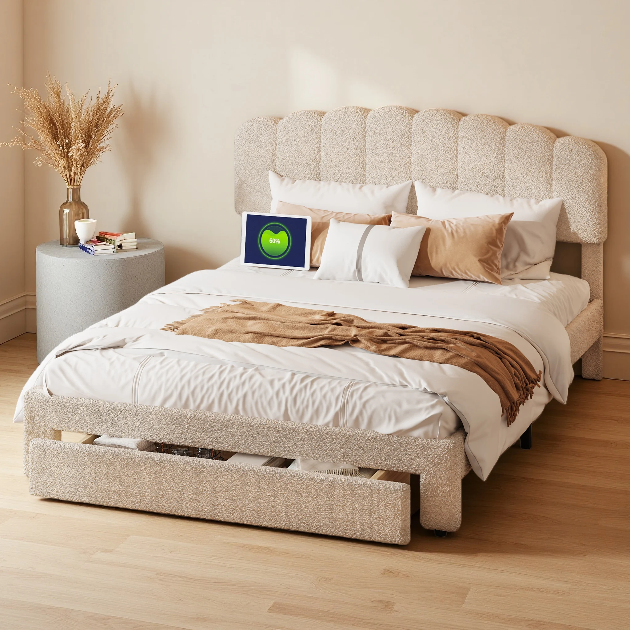 Comanlai Velours-Polsterbett im nordischen minimalistischen Stil, Doppelbettgestell mit Aufbewahrungsschublade und USB-Anschluss, 140x200cm, 160x200cm Image