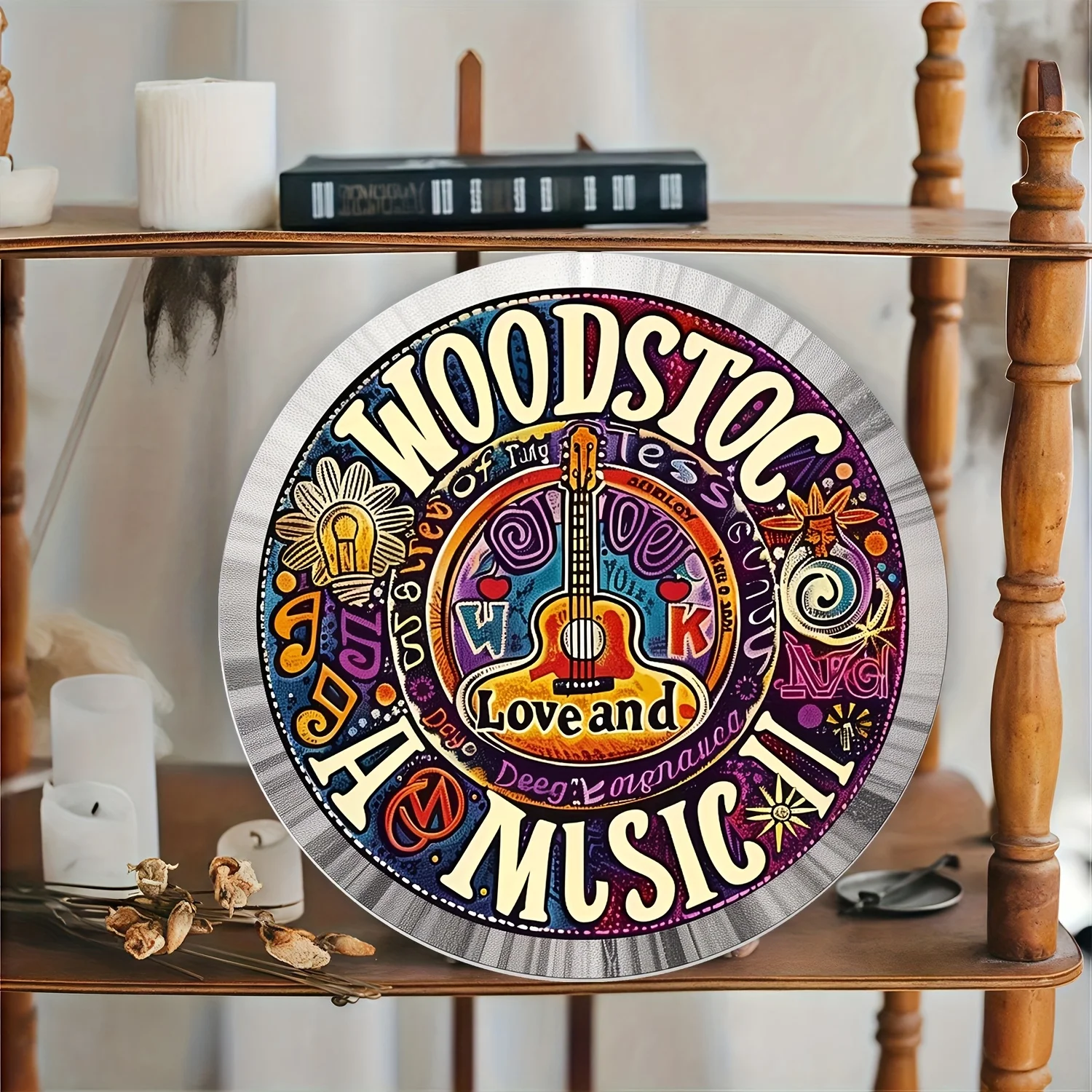 Vintage Woodstock Musik Liebe und Frieden Rundes Blechschild, Retro Distressed Hippie Gitarren-Festival Metall-Wandkunst, Rustikale 60er Rock M