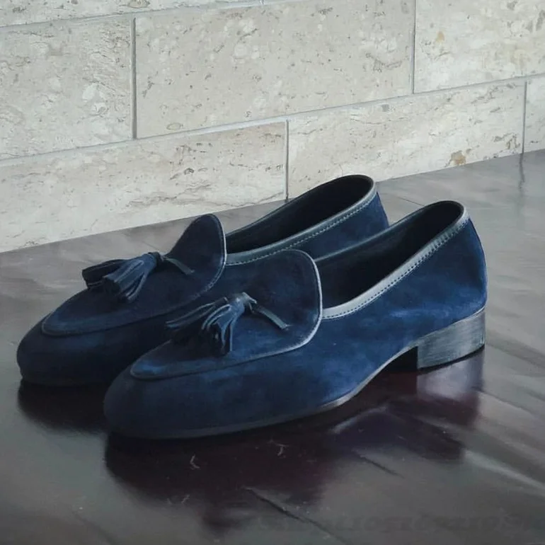 Quaste Dekor Männer Müßiggänger Marineblau Casual Slip On Wohnungen Wildleder Echtes Leder Casual Schuhe Büro Hochzeit Party Kleid Schuhe
