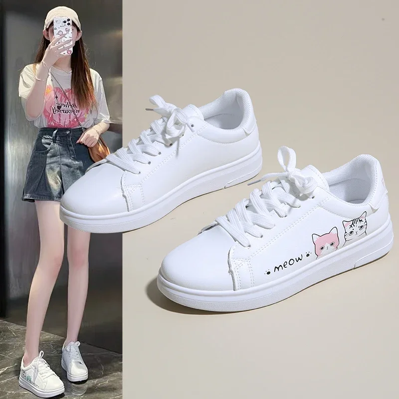 2025, Frühling frauen Sport Schuhe Mode Atmungsaktive Vulkanisierte Schuhe Nette Katze Cartoon Spitze Casual Weiß frauen Schuhe