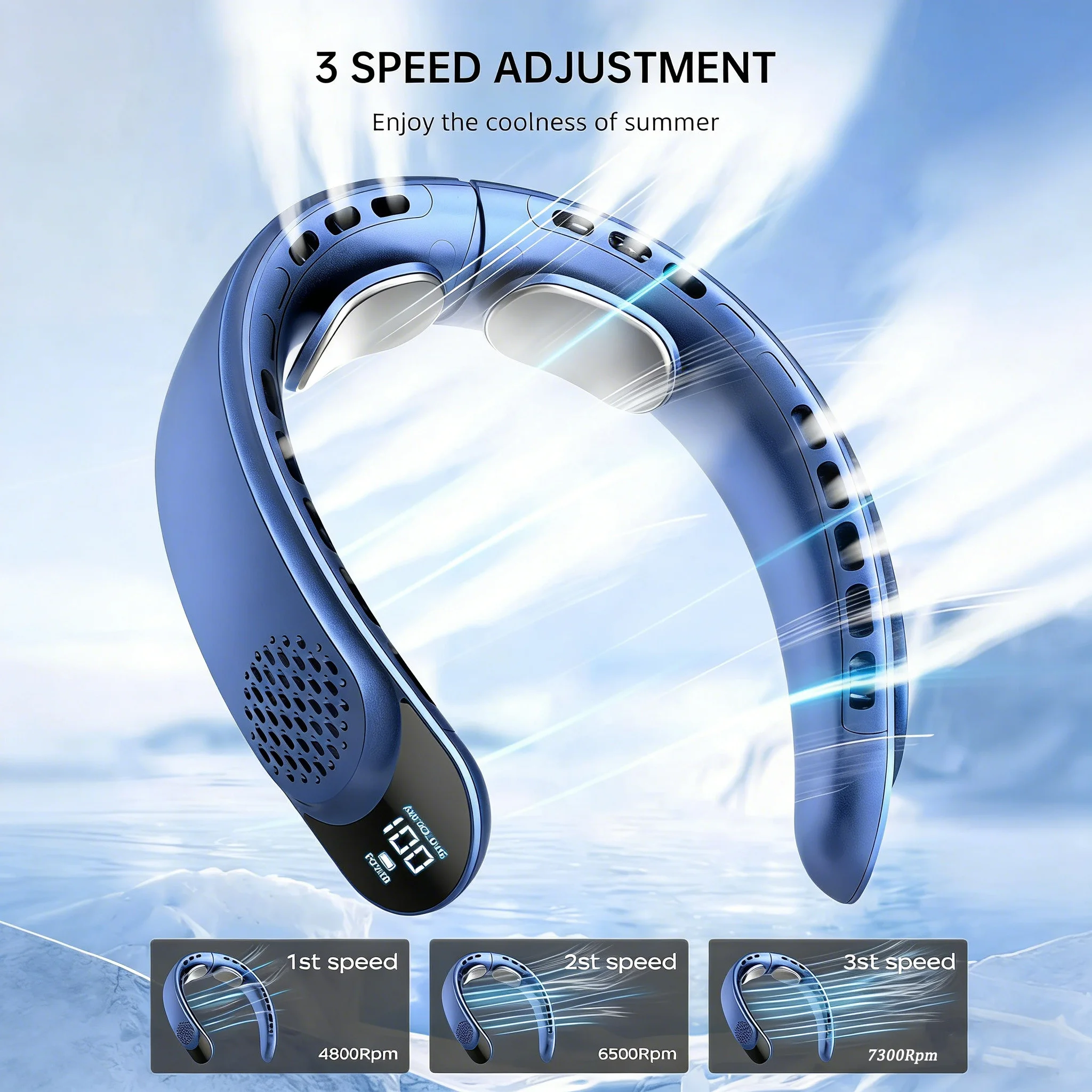 Quad-Core USB-Nackenventilator, Turbine, flügelloses Design, einfache Steuerung, 4000 mAh, Digitalanzeige für tragbaren Outdoor-Ventilator, Sommergeschenk, Neu Image