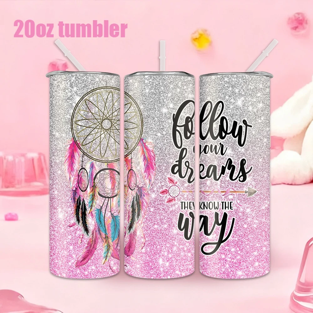 1 Stück 20oz Trinkflasche mit Strohhalm, isolierter Edelstahl-Wasserbecher mit einem verträumten Feder- und Fänger-Design. Image