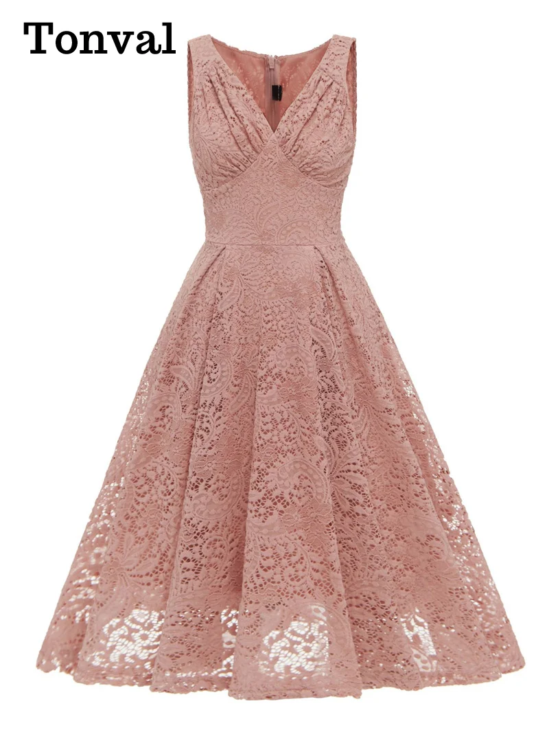 Tonval V-ausschnitt Hohe Taille Vintage Kleidung Frauen Rosa Spitze Gefaltetes Midi Kleid Ärmelloses Sommer Elegante Party Damen Kleider