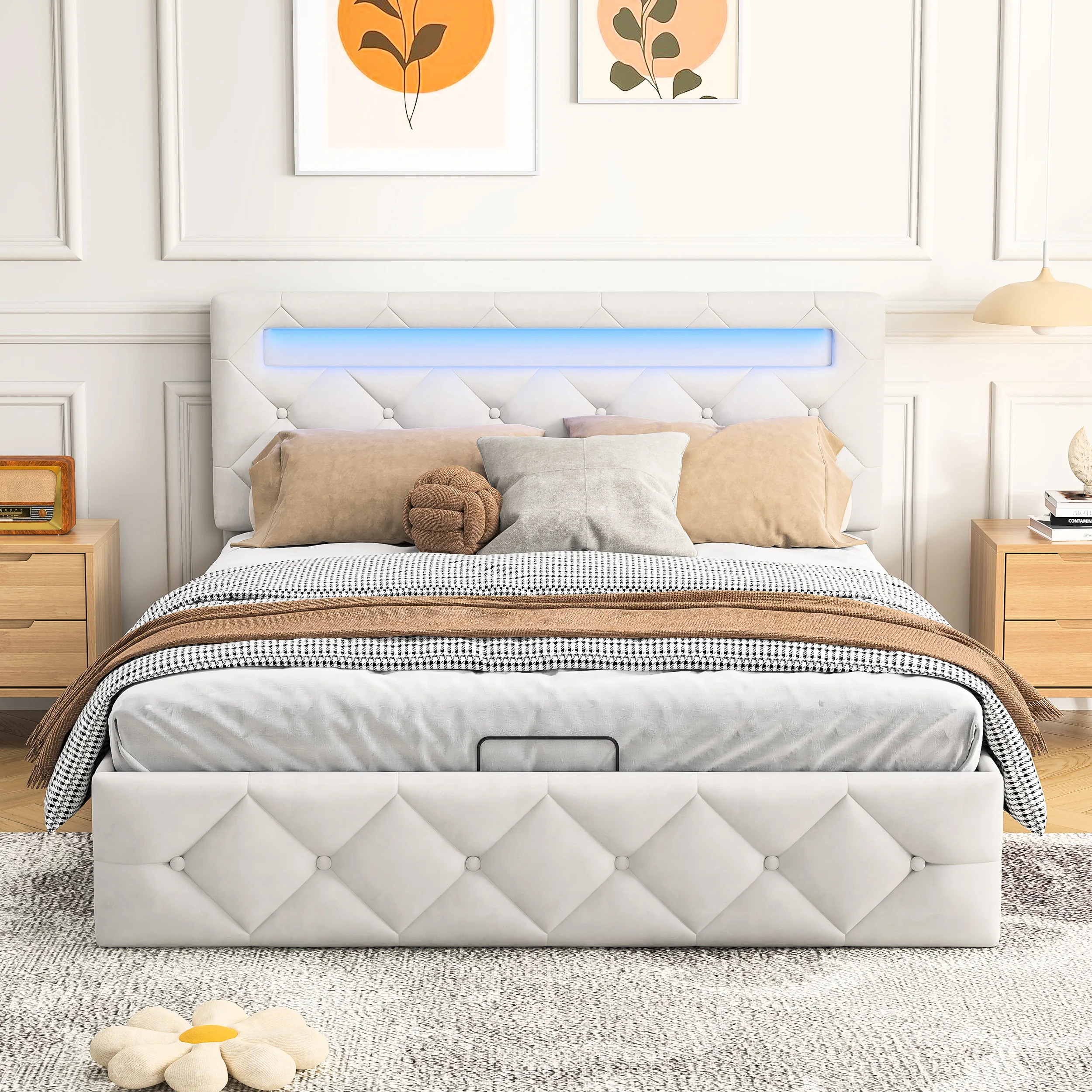 Comanlai Polsterbett, Samtstoff, mit LED-Beleuchtung und höhenverstellbarem Kopfteil, Doppelbett, mit Stauraum und hydraulischen Rahmen Image