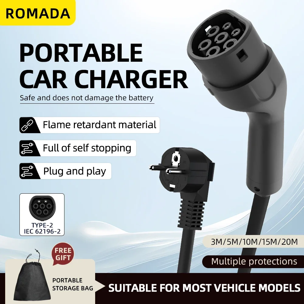 Tragbares 3,5 kW 16 A EV-Ladegerät mit 3M-20M Kabel Typ2 IEC62196 EU-Stecker Wallbox-Adapterstecker und Aufladung für Elektrofahrzeuge Image