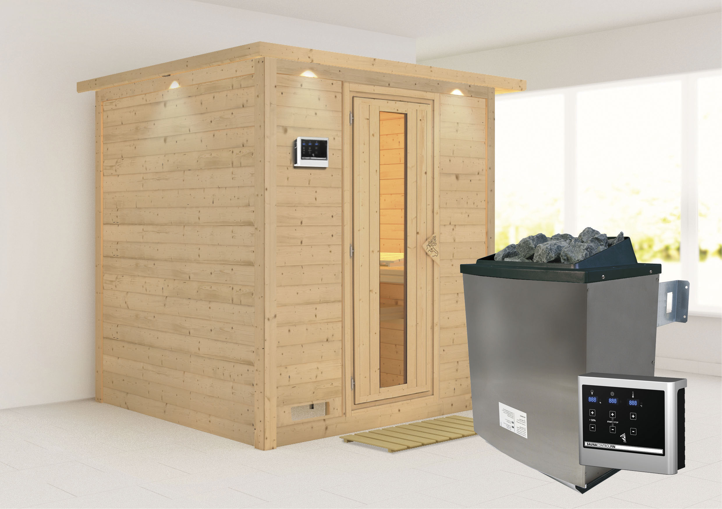 Sauna KARIBU "Menja", beige (naturbelassen), Saunaofen, externe Steuerung, 9 kW, Saunen, Ofen 9 KW externe Strg easy Image