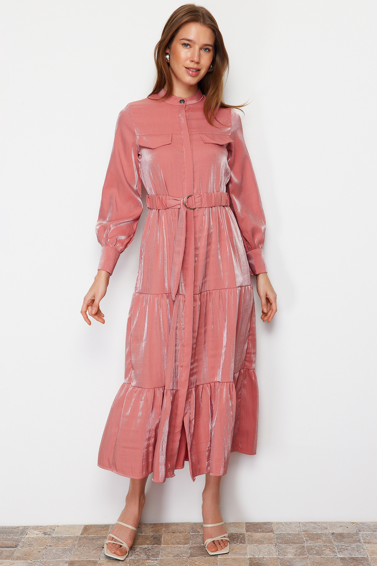 Langes, elegantes, schlichtes, modisches Kleid in Rosa, Unifarben, reguläre Passform