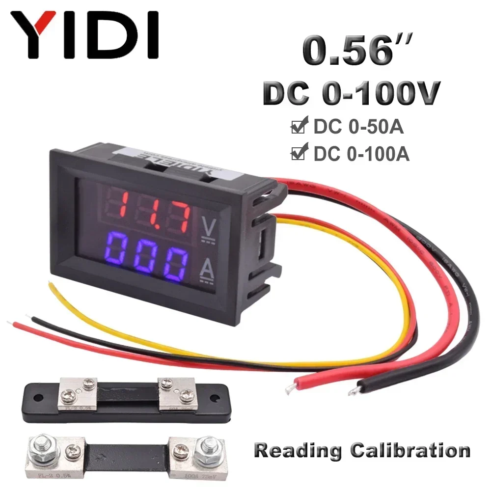 0,56 Digitale DC 0-100V 0-50A 0-100A Rosso Blu LED Amp Volt Tester Misuratori di tensione di corrente Misuratore Voltmetro Amperometro con Shunt