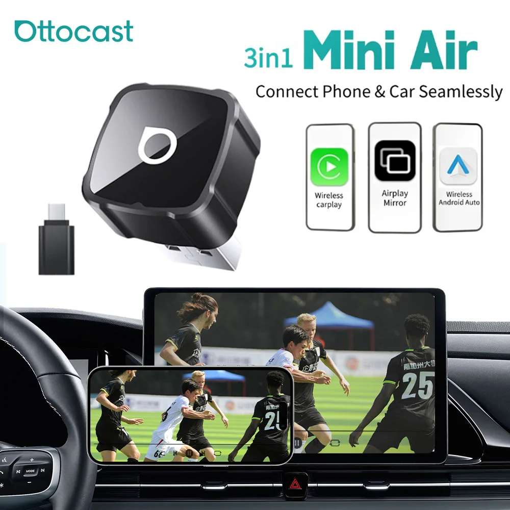 Ottocast MINI AIR 3in1 Wireless CarPlay Android Auto per iPhone, Mirroring dello Schermo, CarPlay Plug & Play, Accessori Auto 2026 NUOVO