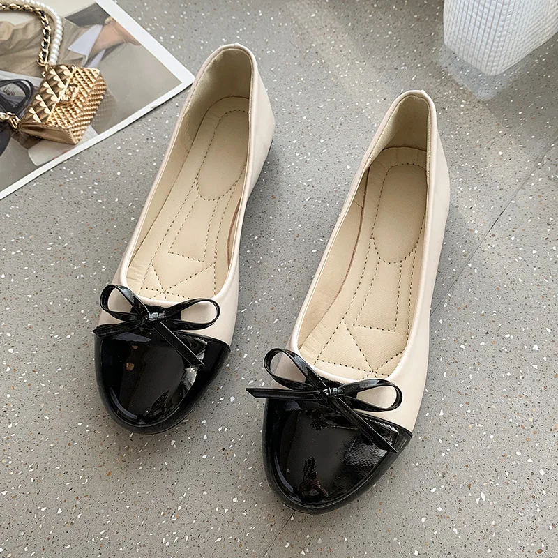 Ballerina Women's Flat Shoes Comfort Non-slip Ladies Loafers Leather Flats Elegant Bowknot Women's Single Shoes Mother's Shoes
