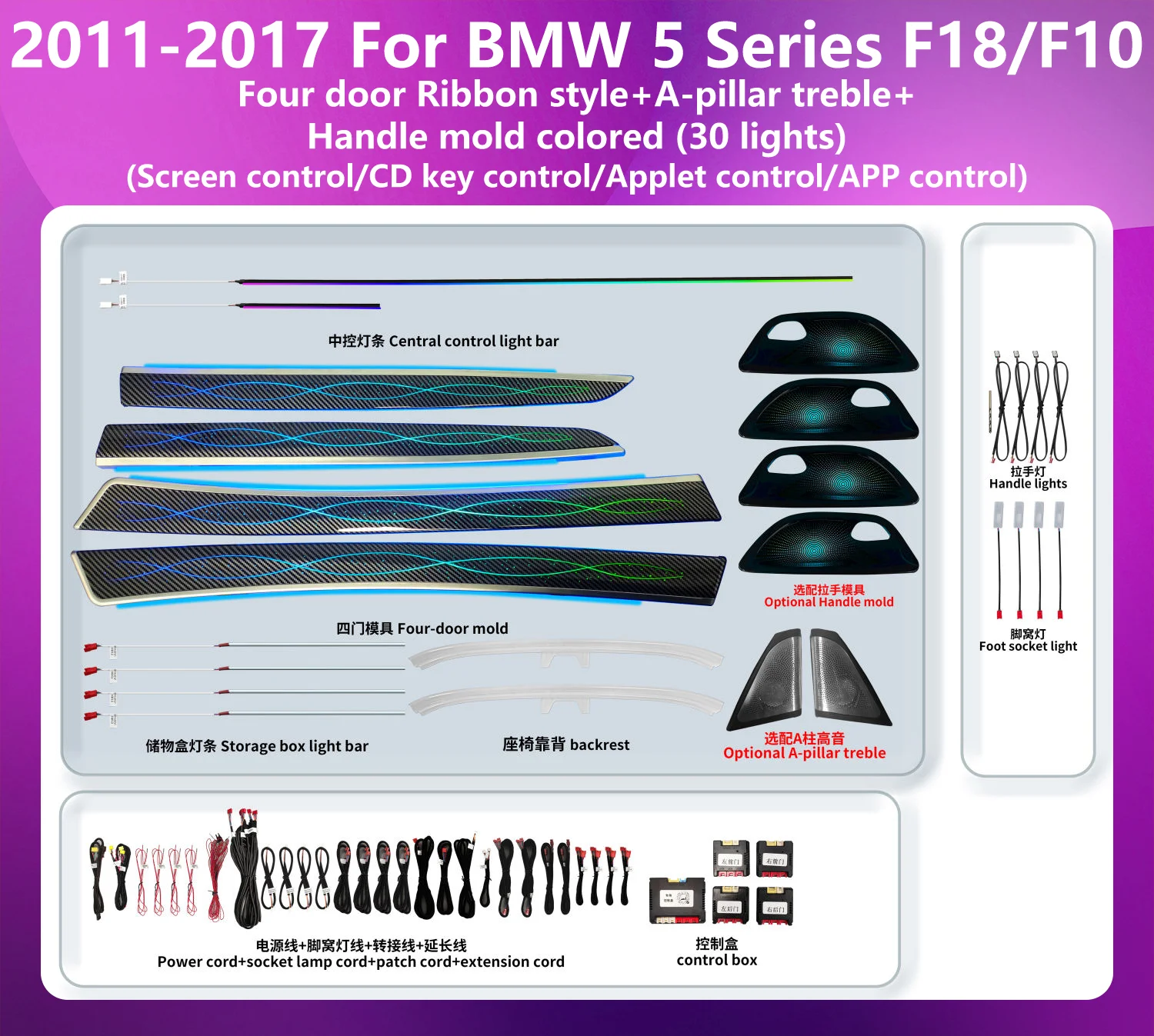 Dynamisches Farbwechsel-LED-Ambientelicht für den Autoinnenraum, integriertes All-in-One-Upgrade-RIBBON-Kit, entwickelt für BMW 5er F18 F10 Image