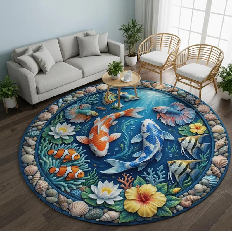 Künstlerischer Sternzeichen-Teppich Fische, 3D-Relief Koi-Teich-Matte, Einzigartiger Bodenteppich Runder Teppich Rutschfester Bodenbelag für Wohnzimmer und Schlafzimmer