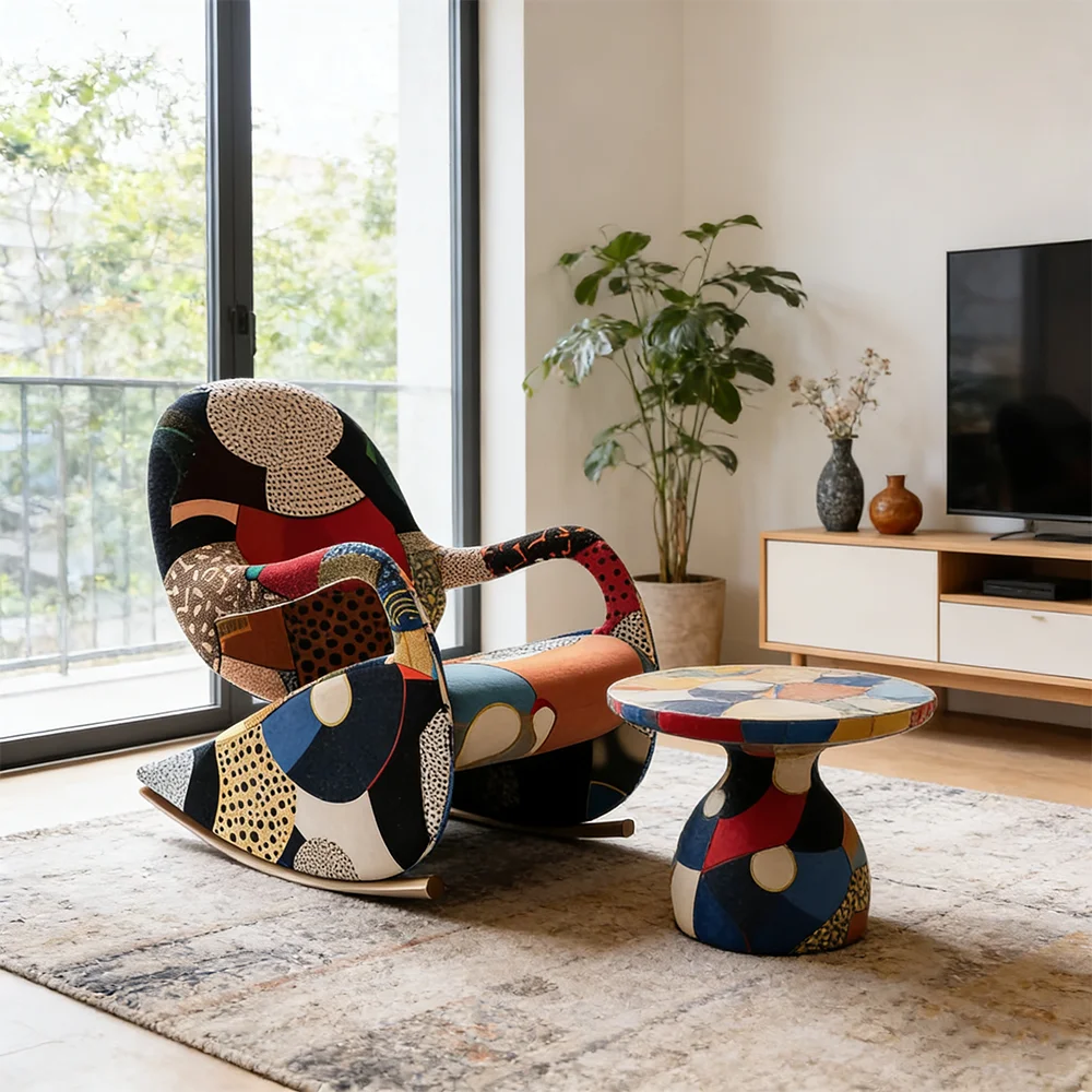 Moderner Patchwork-Schaukelstuhl mit Fußstütze, Gepolsterter Akzent-Loungesessel für Wohnzimmer und Schlafzimmer Image