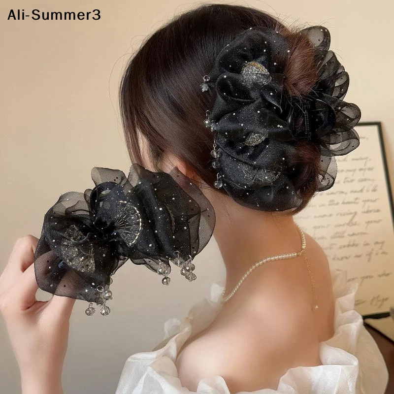 【S3y】Haarspange aus Mesh-Tüll mit Quasten für Damen, temperamentvoll, glänzender Zirkon, Pferdeschwanz-Haarspange, Prinzessinnen-Kopfschmuck, Haar-Accessoires Image