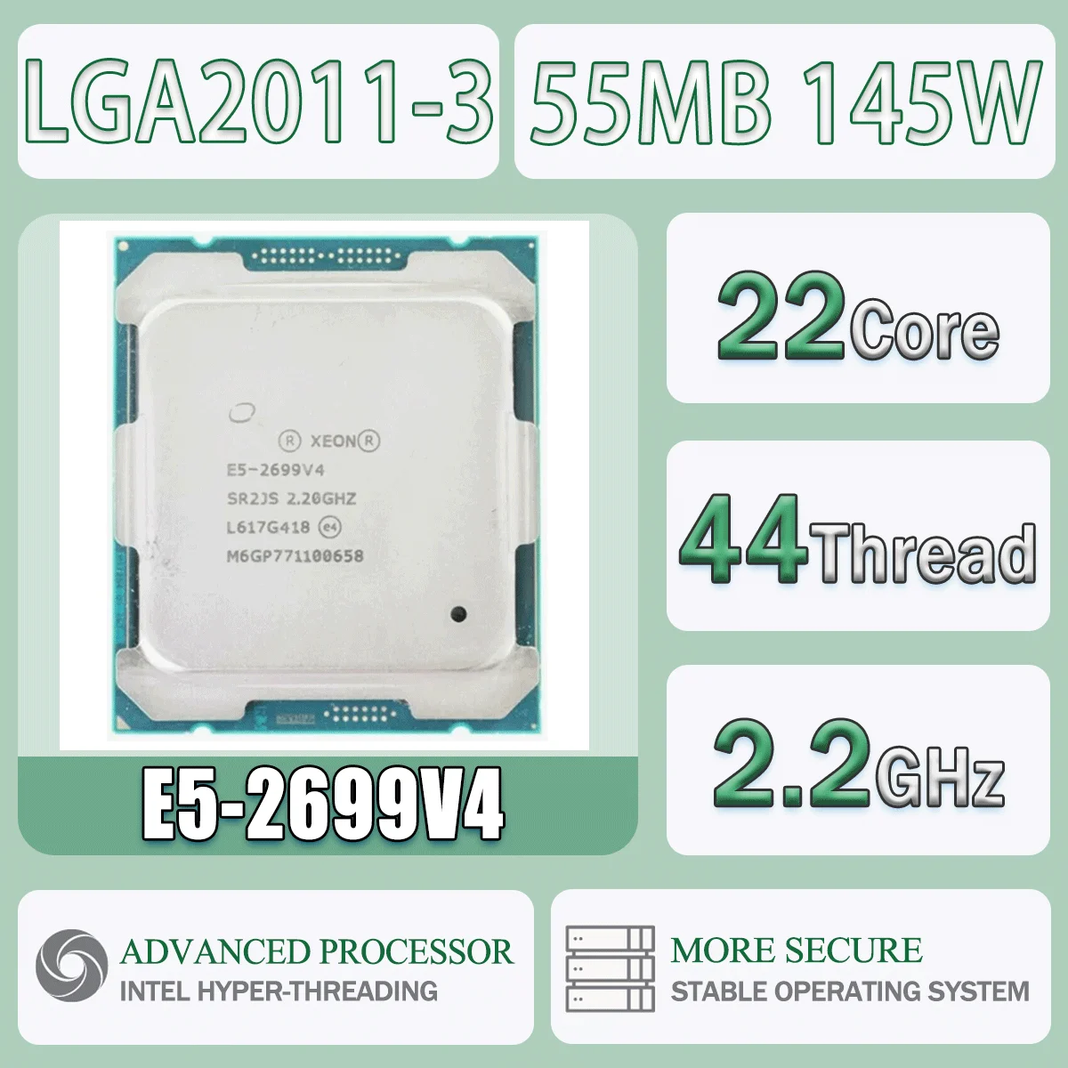 Intel Xeon E5-2699V4 2,2 GHz 22 Kerne 44 Threads 55 MB 145 W E5 2699V4 Computer-CPU-Prozessor E5 2699 V4 Paket LGA 2011-3 SR2JS