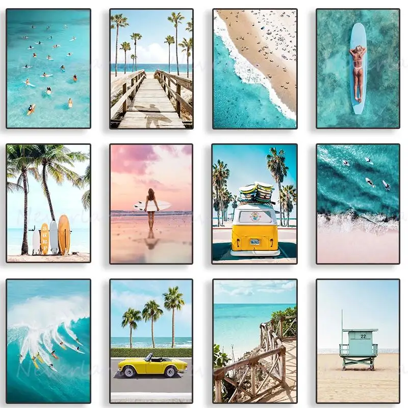 Tropischer Strand, Ozean, Surfen, Palme, nordische Leinwand, Wandkunst, Sommer, Meer, Poster, Drucke für Zuhause, Raumdekoration, ohne Rahmen