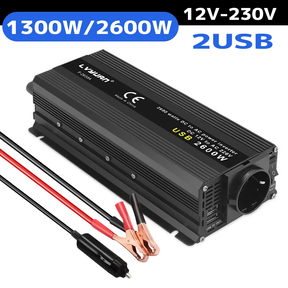 500W-2600W Stromwechselrichter DC12V zu AC230V Auto-Spannungswandler EU-Steckdose 2 USB-Ladeanschlüsse 50Hz Modifizierte Sinuswelle Weltweiter Versand Image