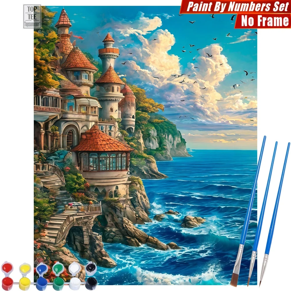 Malen-nach-Zahlen-Set „Märchenhaftes Felsen-Schloss“ – Schloss, Felsen, Meer, Heimdekoration, Valentinstagsgeschenk für die Freundin Image