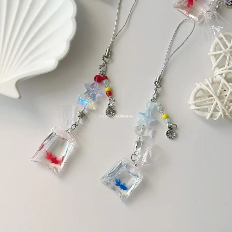 Niedlicher Y2K-Tasche mit Fisch-Telefon-Schlüsselanhänger, blau-roter Fisch, Paar Schlüsselanhänger, Handyband, ästhetischer Goldfisch-Lanyard-Tasche, Schlüsselanhänger, Schmuck Image
