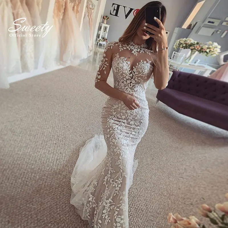 Elegantes Hochzeitskleid aus Organza mit Stehkragen und Stickerei, Spitze, Meerjungfrau-Ballkleid, volle Ärmel, Brautkleid mit Knopf und Knopf, individuell gestaltet Image