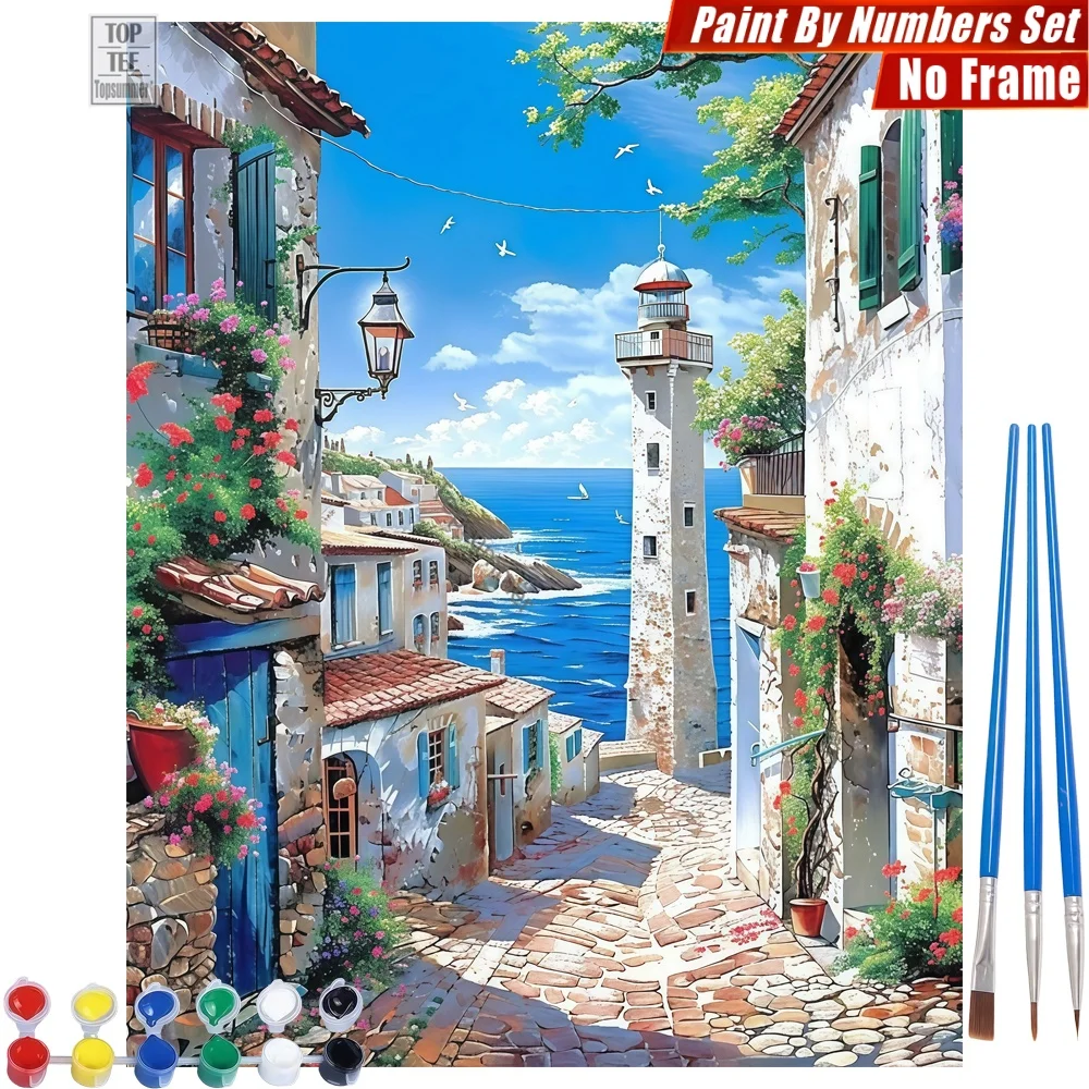 Malen-nach-Zahlen-Set „Mediterrane Küstenstadt“ – Gasse, Leuchtturm, Blumen, abstrakte Wandkunst, Tag der Toten, Geschenk für Mama Image