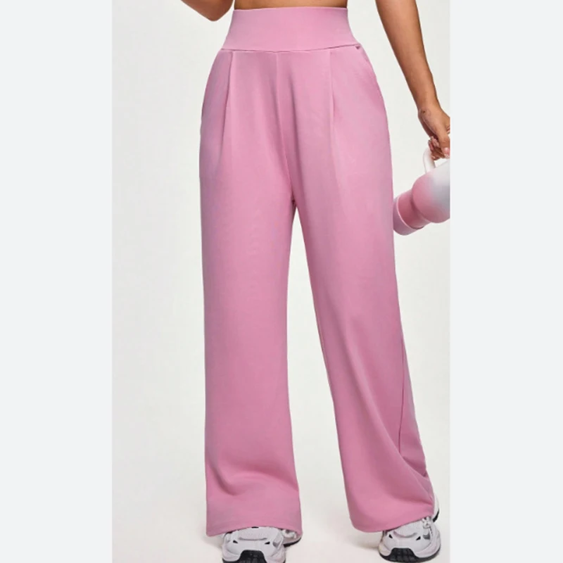 Damen-Sporthose mit hoher Taille und Seitentaschen, einfarbig, weites Bein, Yoga-Hose, figurbetonte Hose mit geradem Bein für Damen Image